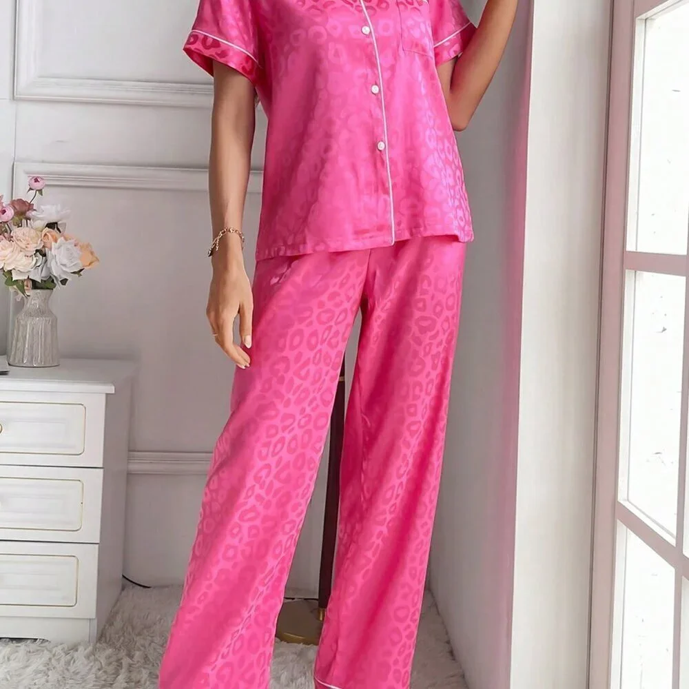 Hot Pink Casual Women's Satin Jacquard Lapel Collar Button Down Pajama Set